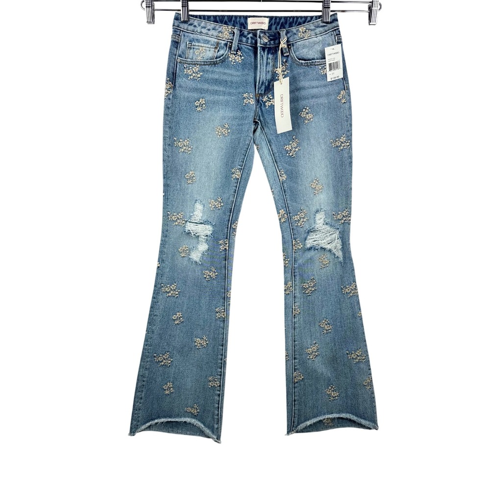 Driftwood Eva Flare Jeans sz 25 Floral Embroidered Distressed boho‎ western Y2K